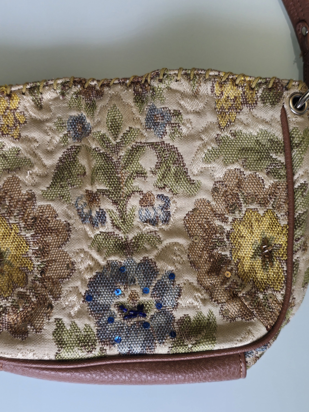 Vintage Liz Claiborne Floral Tapestry Sequin Beaded Whipstitch Shoulder Bag - Picture 2 of 9